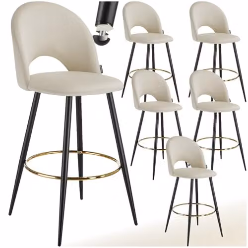 tectake Set of 6 Modern Bar Stools with Velvet-Look Covers and Metal Legs in Black and Gold