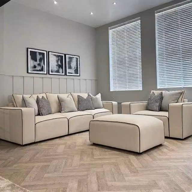 Stratus Interiors Sloane 2-Tone Modular Sofa in Beige with Custom Contrast Piping and Velvet Fabric