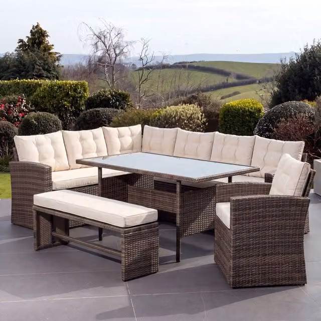 Artemis Home Piana 10 Seat Rattan Corner Sofa Set with Table, Bench and Chair in Brown – 1