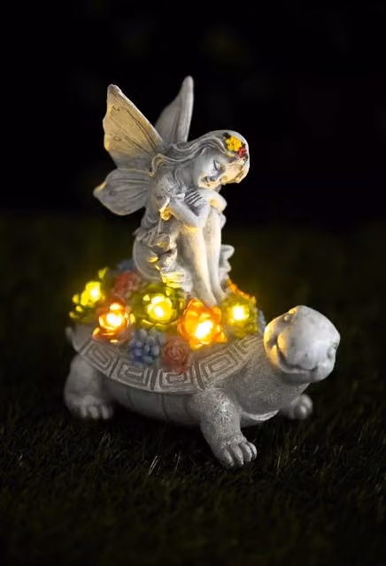 Marco Paul Solar Light Fairy Tortoise Garden Ornament, Grey Resin LED Statue with Multicolour Lights