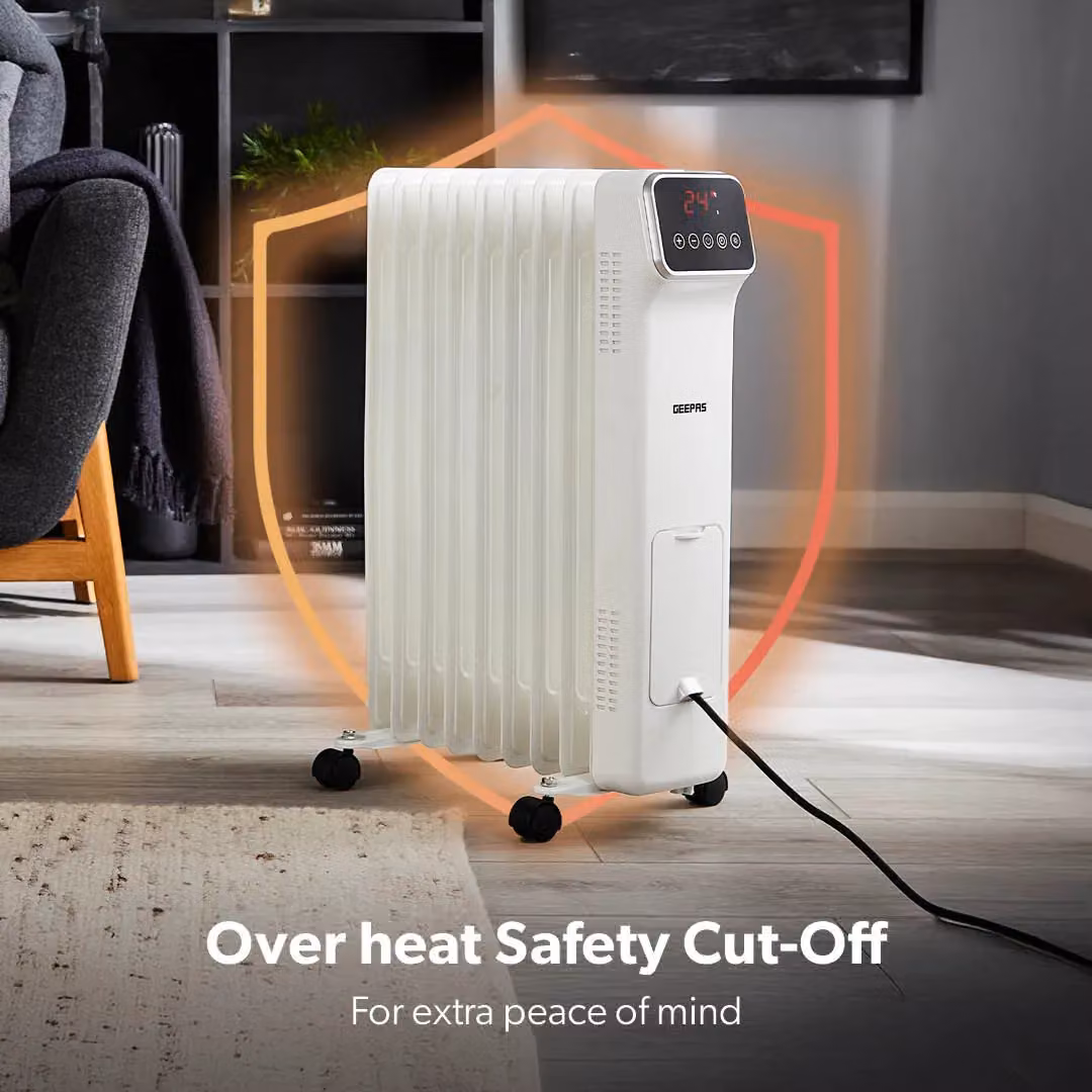 Geepas 2000W Digital Oil Filled Radiator Heater with Remote Control and Adjustable Thermostat in White, H 61.0 cm x W 36.0 cm x D 14.0 cm – 6