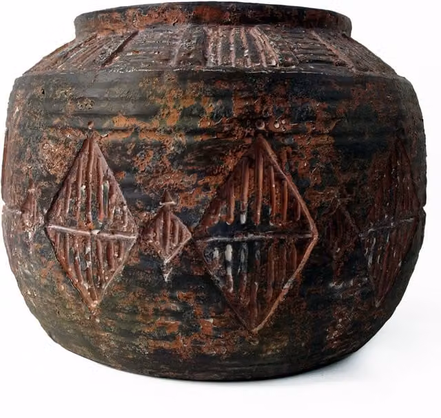 Leaf Rustic Geometric Round Tabletop Indoor Planter Cachepot in Brown, W/D/H: 26.0 x 26.0 x 44.0 cm