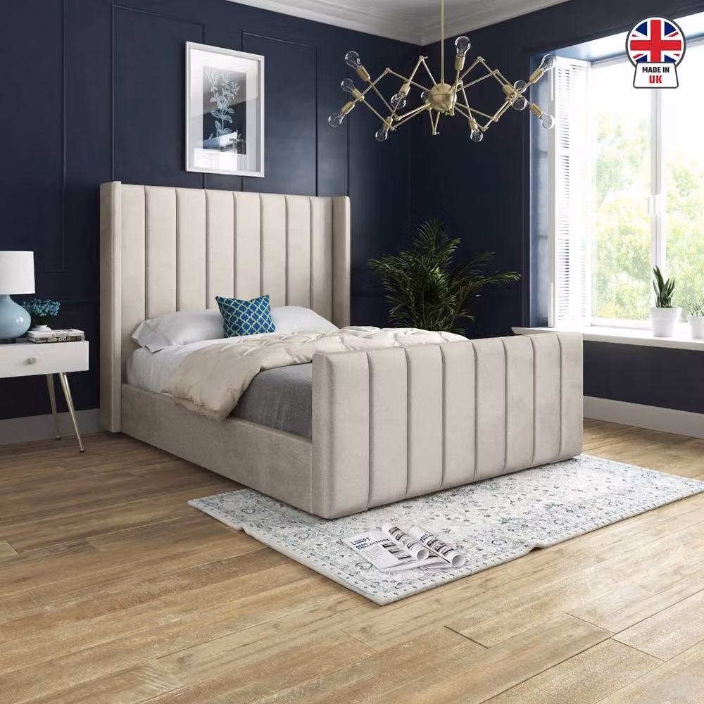 KDMD Sturminster Winged Upholstered Designer Bed Frame in Beige Velvet, Size: King (180 x 200 cm) – 3