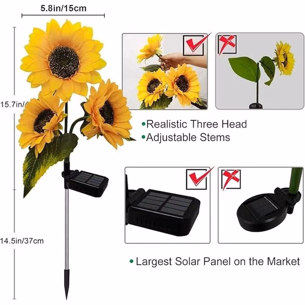 KORVIXA 2-Pack Solar Powered 3-Head LED Garden Lights in Yellow, Height: 100 cm – 2