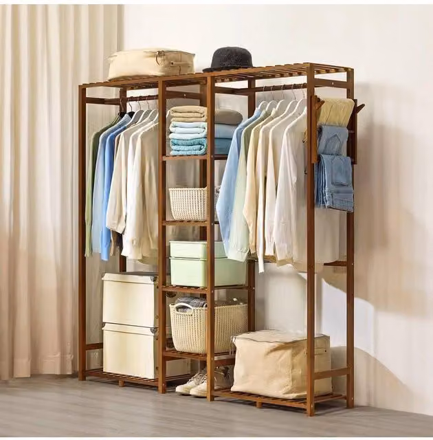 H&O Direct Modern Wooden Clothes Rack Cabinet with Hooks in Brown, H 153.0 cm x W 146.5 cm – 1