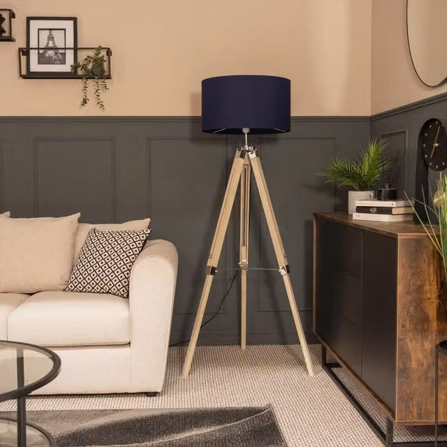 ValueLights Clipper Modern Floor Lamp in Brown and Blue with Wood and Chrome Finish