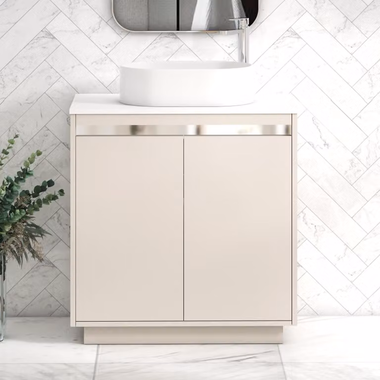 Royal Bathrooms Orion 800mm Warm Taupe Floor Standing 2 Door Vanity Unit with Peak Basin and Chrome Accent Trim