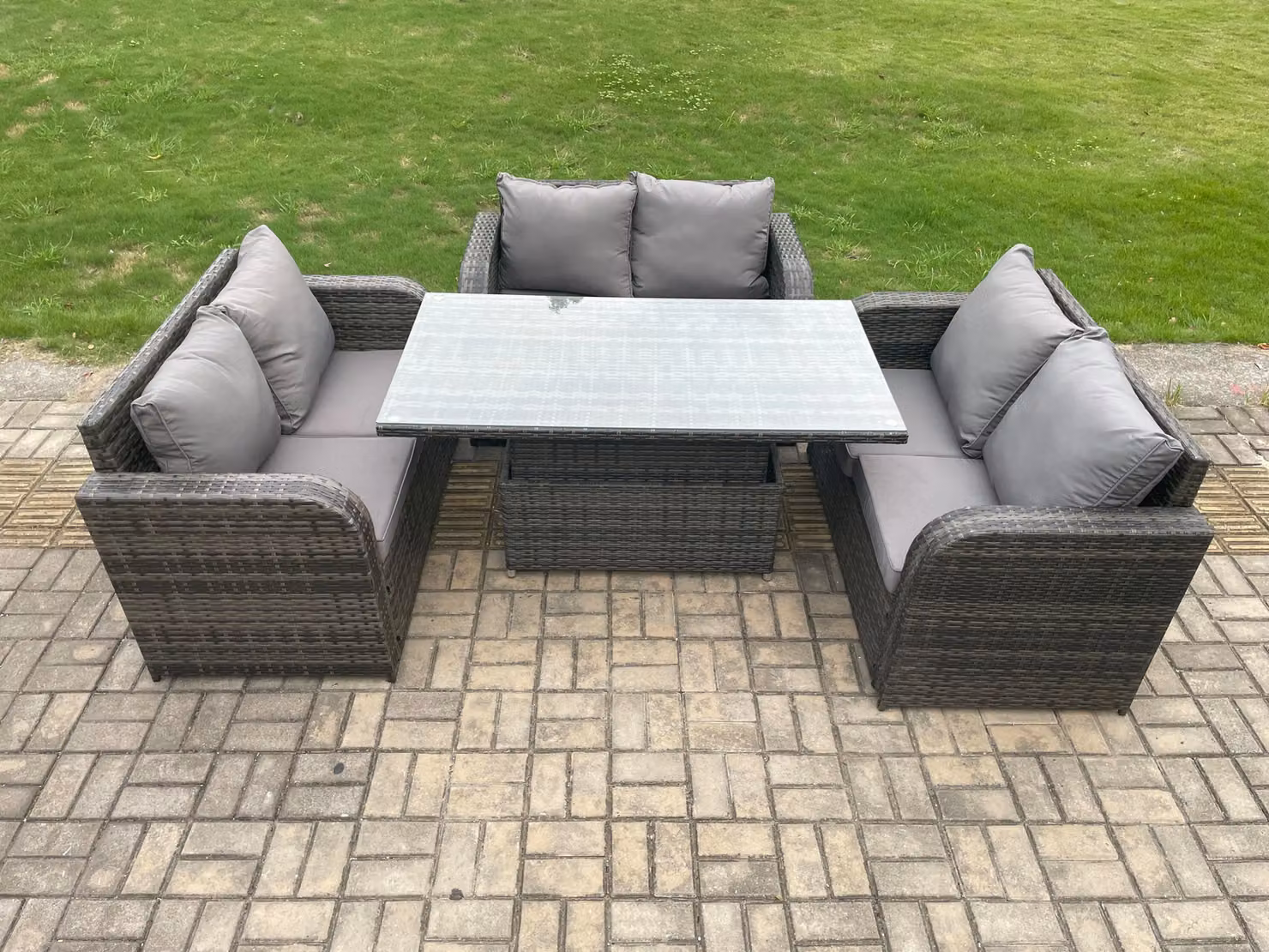 Fimous 3 Piece Rattan Garden Furniture Set with Height Adjustable Dining Table in Dark Grey