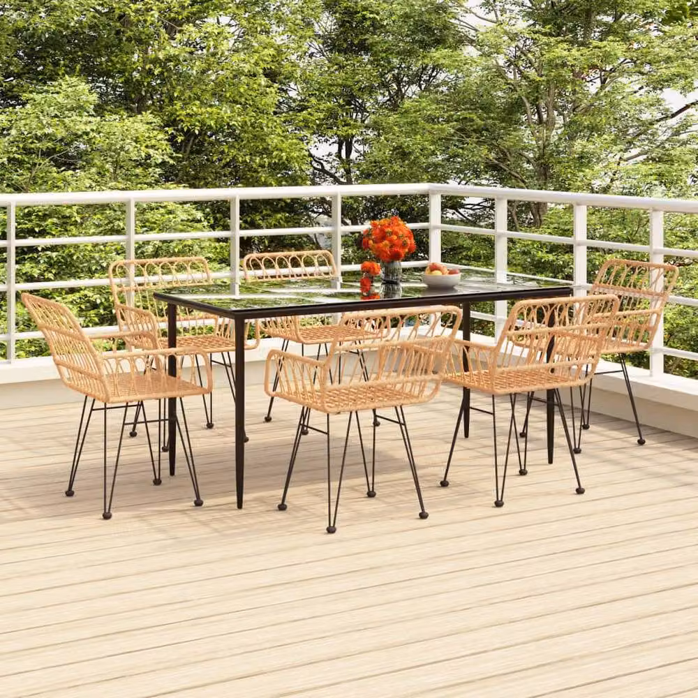Berkfield Home 7 Piece Brown Poly Rattan Garden Dining Set with Metal Frame and Glass Top – 2