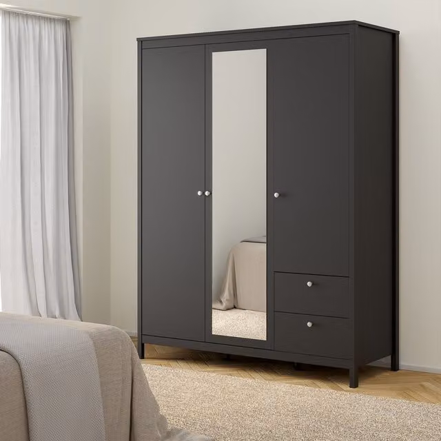 Furniture To Go Madrid Wardrobe with 2 Doors, 1 Mirror Door and 2 Integrated Drawers in Matt Black
