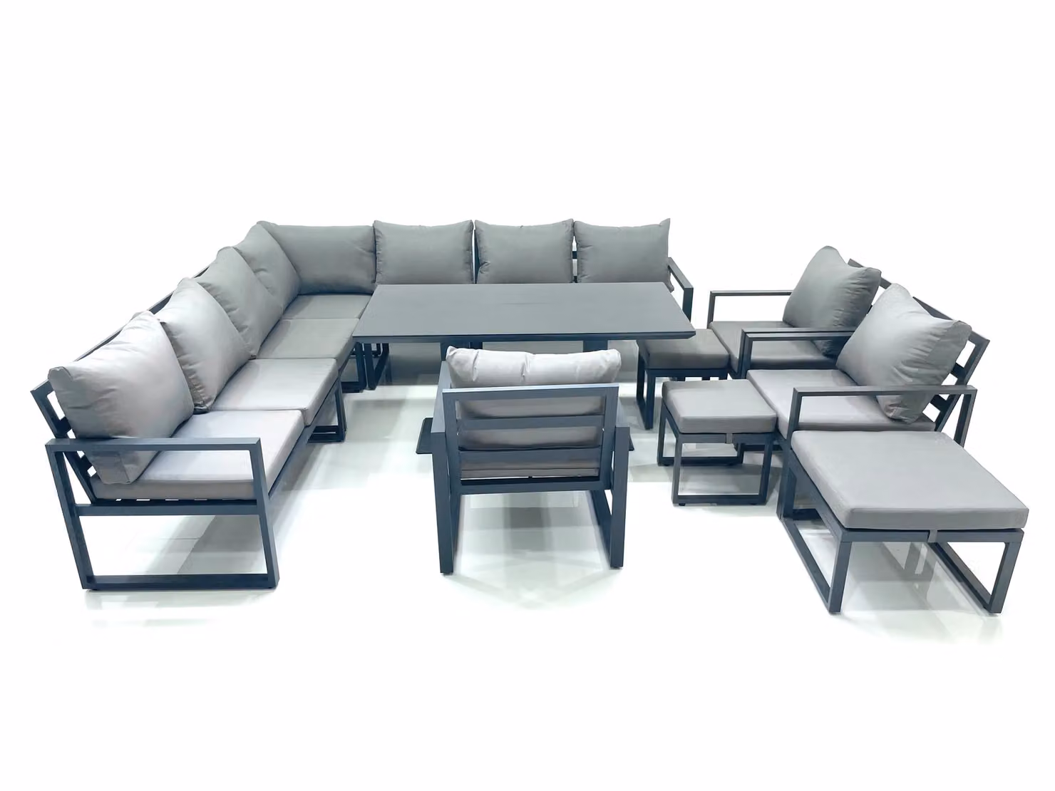 Fimous 13 Seater Outdoor Aluminium Garden Furniture Set in Dark Grey with Corner Sofa, 3 Chairs, 3 Footstools and Adjustable Height Lifting Dining Table – 2