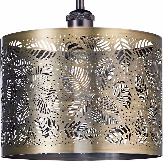 Happy Homewares Metal Pendant Light Shade with Fern Leaf Decoration in Gold/Brass, Diameter: 25 cm – 6
