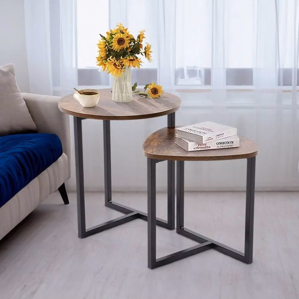 EONLION Set of 2 Industrial Round Nesting Coffee Tables in Brown and Black – 5