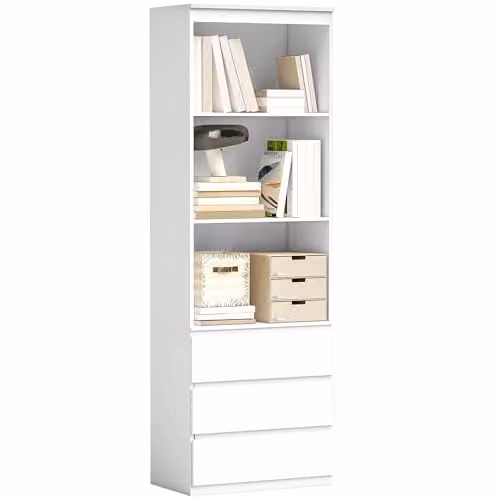 HOMCOM White Modern Tall Bookcase with 3 Shelves and 3 Drawers, H 180 x W 60 x D 35 cm – 1