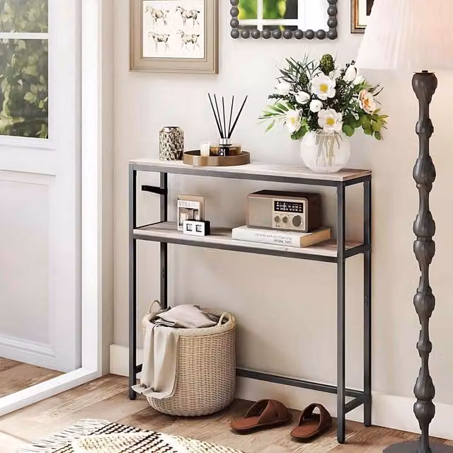The Bazaarist Narrow Console Table with 2 Shelves in Grey and Black, W/D/H: 80 x 20 x 30 cm