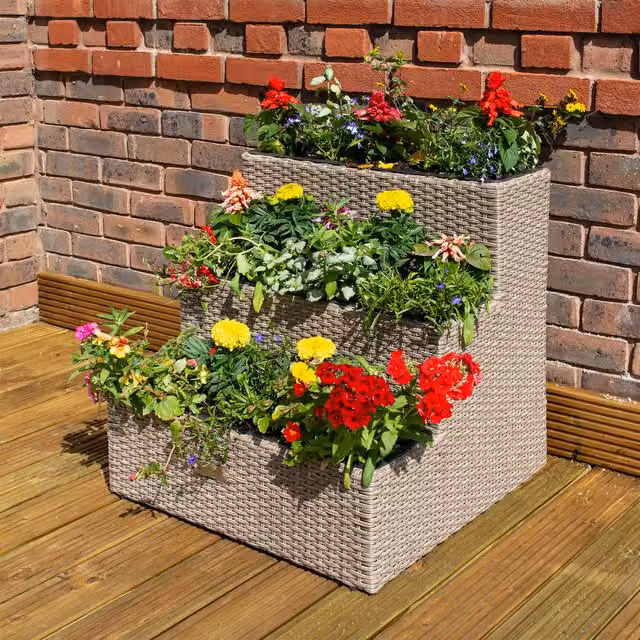 Rowlinson Albany 3 Tier Wicker Rattan Planter Tub in Beige