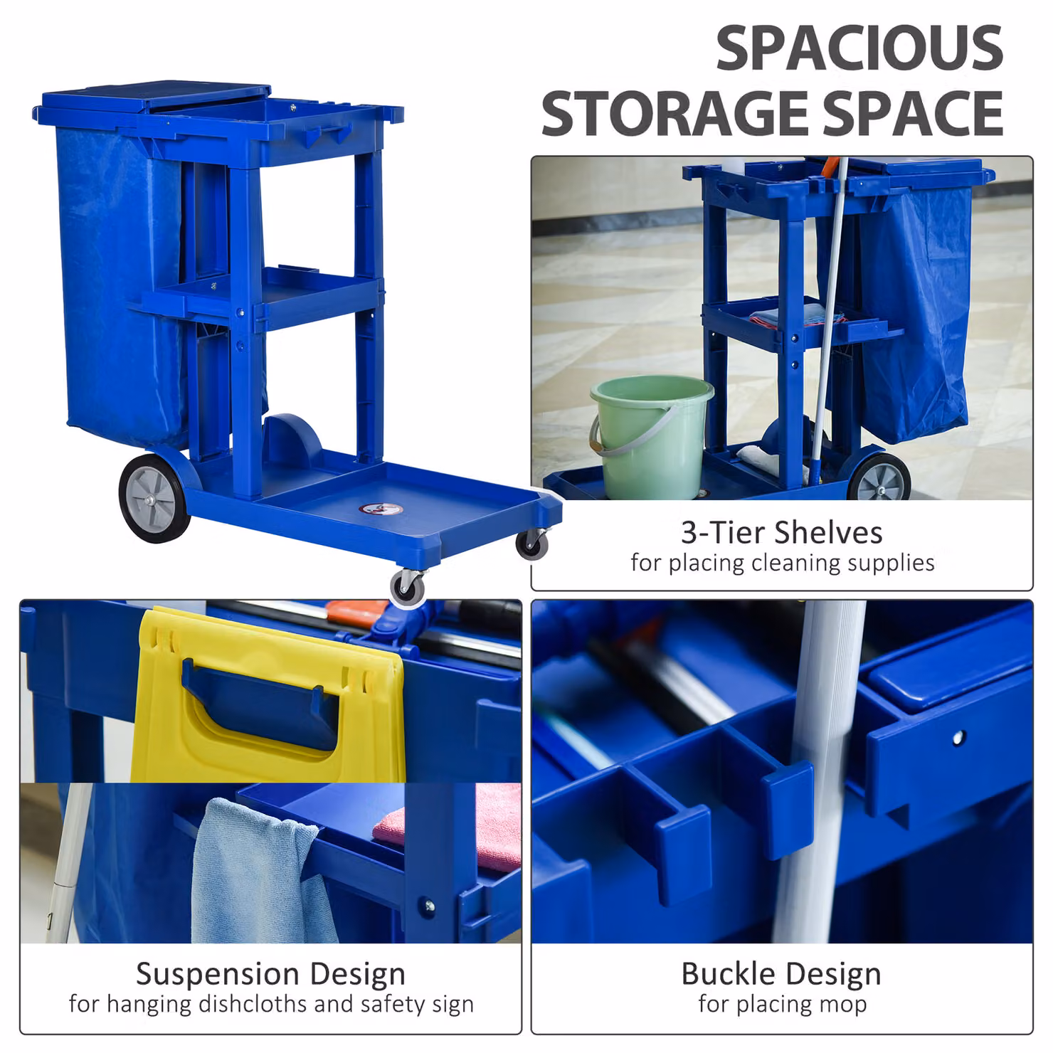 HOMCOM Blue Janitorial Trolley Housekeeping Utility Service Unit with 3 Tier Shelves, Rubbish Bag and Hooks – 4