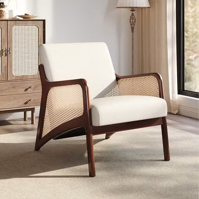 Komore Retro Corduroy Armchair with Solid Rubberwood Frame in Beige, Brown and White