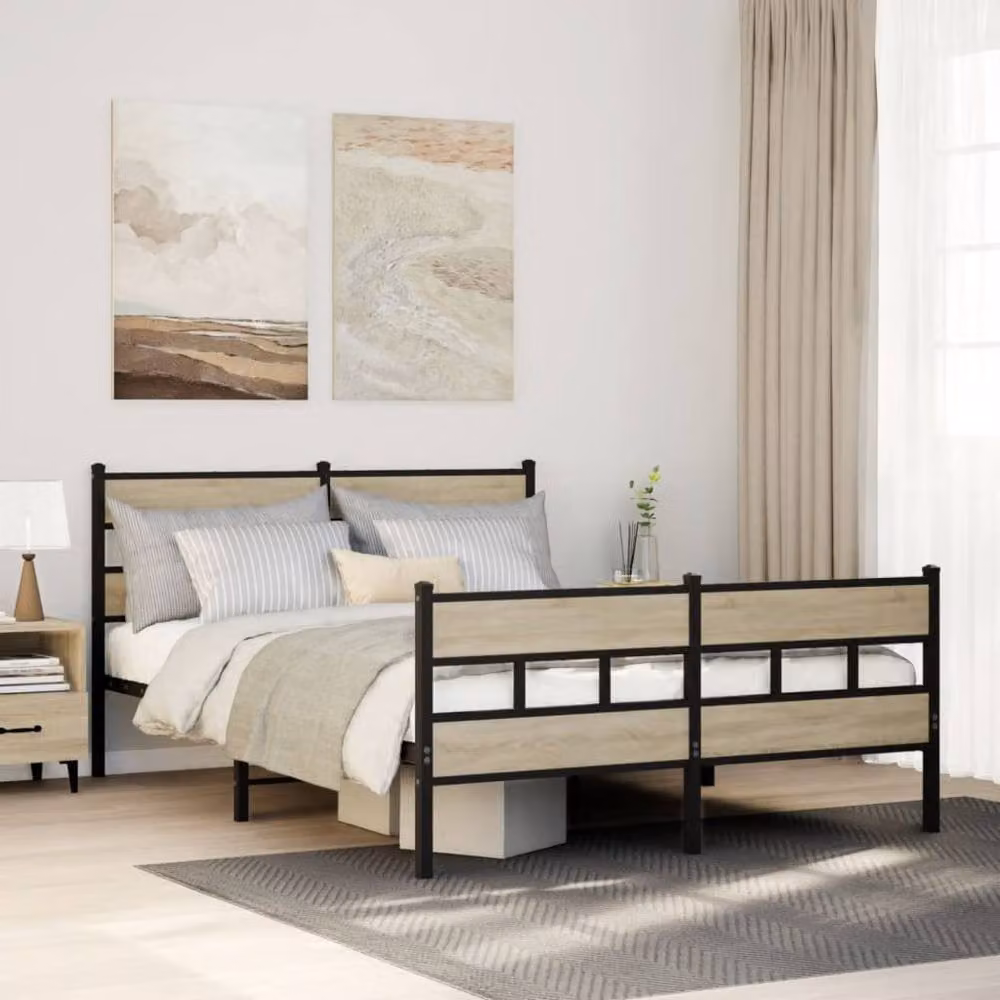 Berkfield Home Metal and Wood Bed Frame in Sonoma Oak Brown, W/D/H: 160 x 200 cm – 2