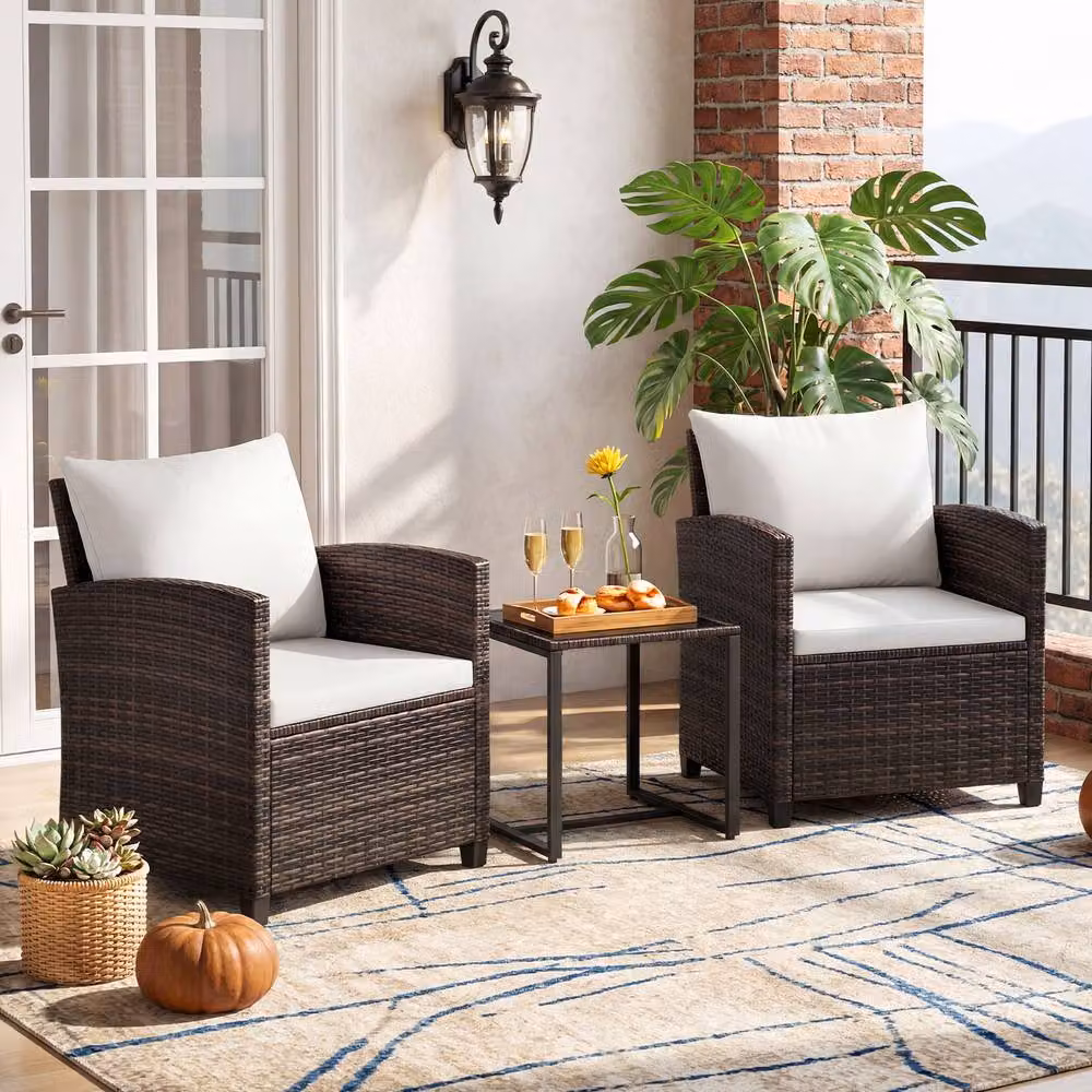 Costway 3-Piece PE Rattan Bistro Patio Furniture Set with Cushions in Beige – 8