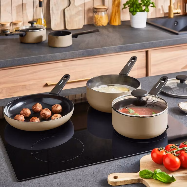 Morphy Richards 5-Piece Aluminium and Ceramic Saucepan and Frying Pan Set, Beige