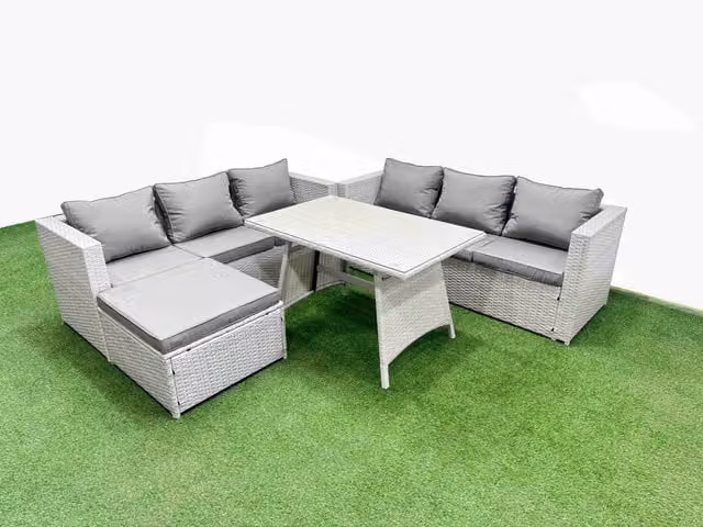 Fimous 7-Seater Patio Furniture Set in Light Grey featuring Rectangular Table, 3-Seater Sofa and Large Stool