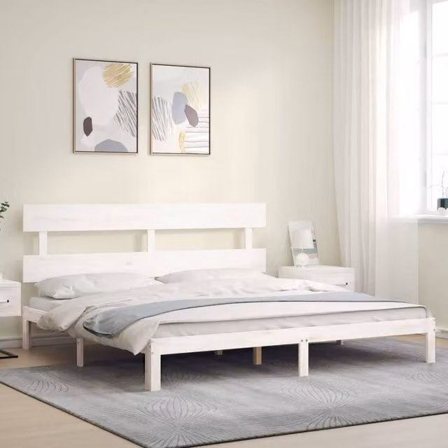 Berkfield Home Beautiful Bed Frame with Headboard in White Solid Pine Wood W/D/H: 200 x 200 x 81 cm – 1