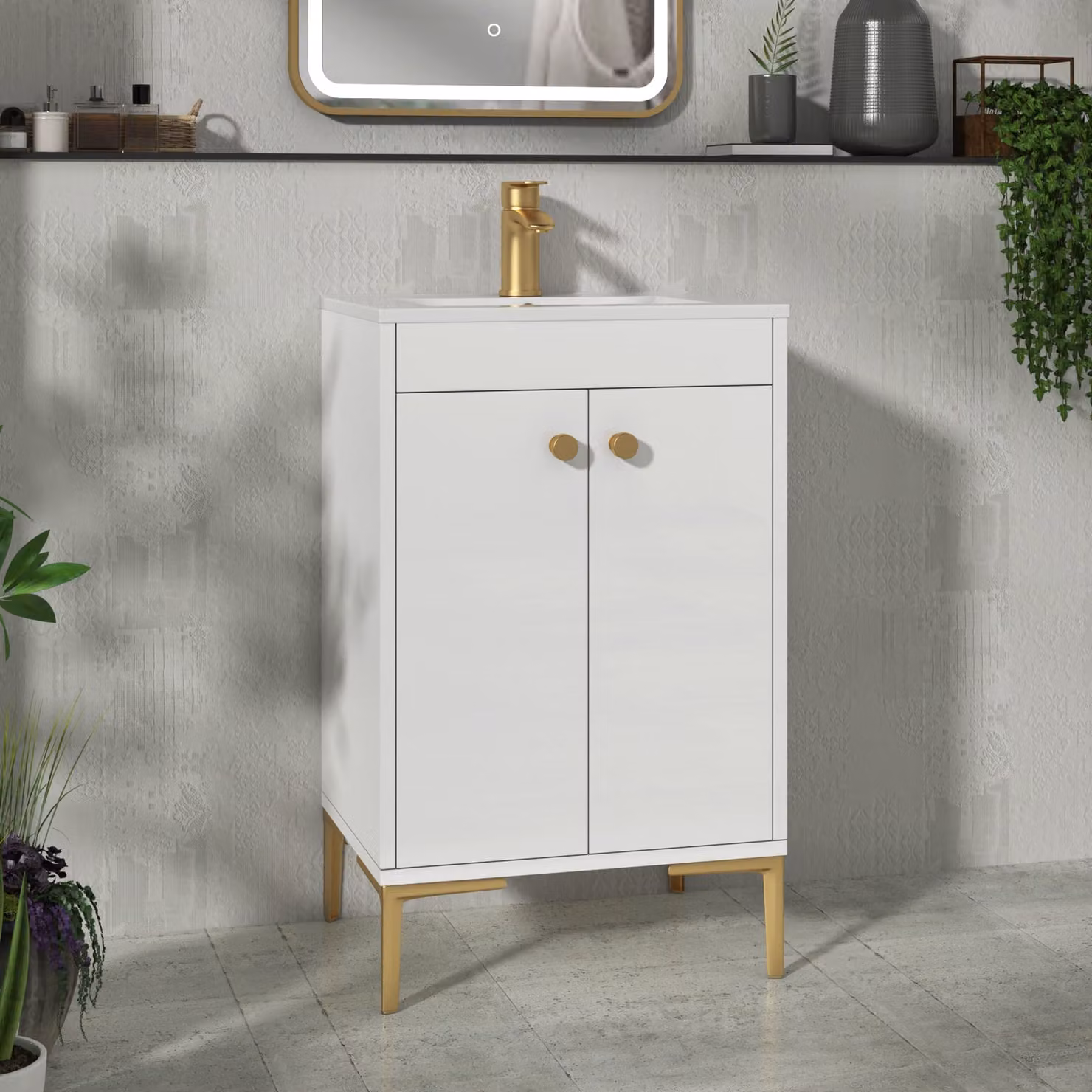 Royal Bathrooms Verona 500mm Gloss White Floor Standing 2 Door Vanity Unit with Minimalist Basin and Brushed Brass Knob