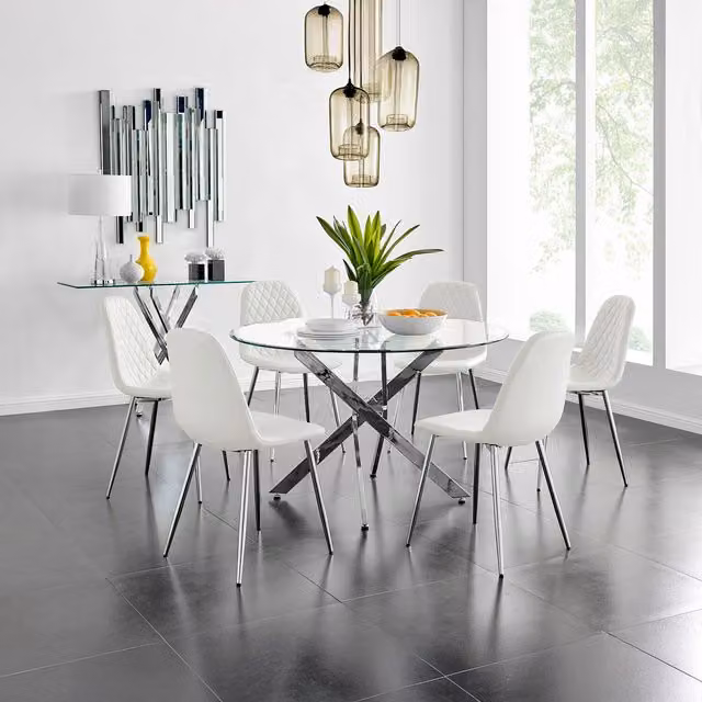 FurnitureboxUK Novara Round Glass Dining Table with 6 Corona Silver Chairs in White