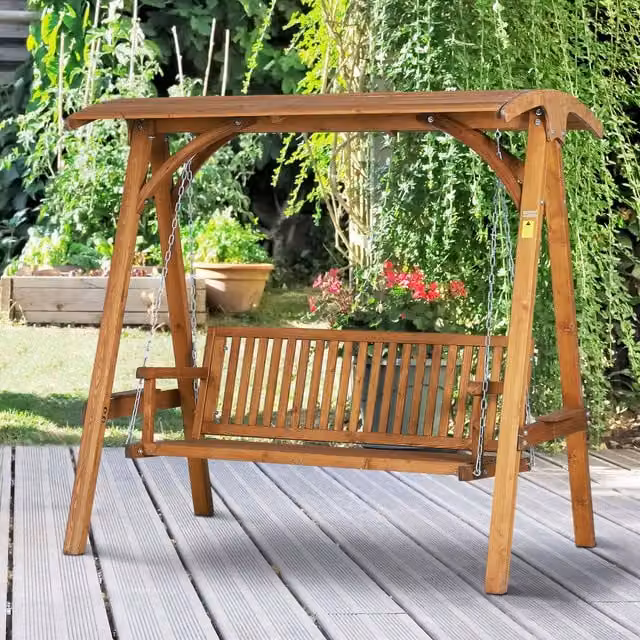 Outsunny Larch Wood Garden Swing Chair with Sun Canopy in Brown and Teak Finish