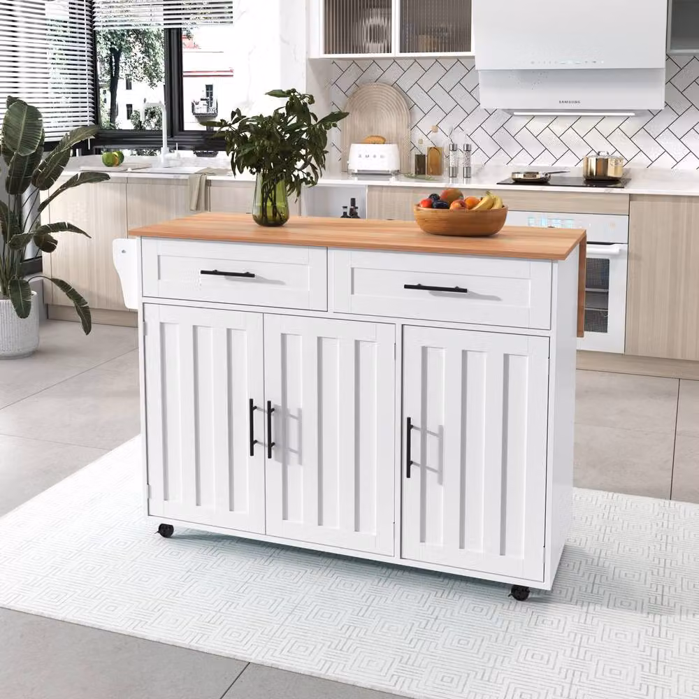 BTM White Folding Kitchen Island Trolley with Wood Storage Cabinet, H 91.5 x W 71.0 x D 71.0 cm – 6