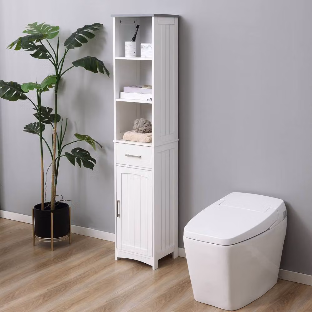 STILVORA Modern White Lacquered Freestanding Bathroom Storage Cabinet with Drawer and Cupboard – 2