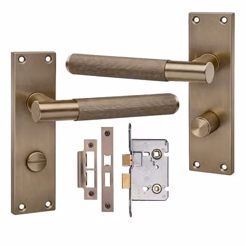 Golden Grace Victorian T-Bar Linear Bathroom Door Handle with Long Backplate in Antique Brass