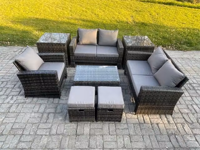 Fimous 7 Seater Rattan Garden Furniture Set in Grey with Rectangular Coffee Table, 2 Small Footstools and 2 Side Tables