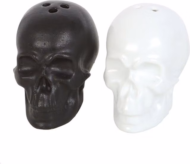 KDMK Creepy Skull Salt and Pepper Shaker Set in Black and White Ceramic