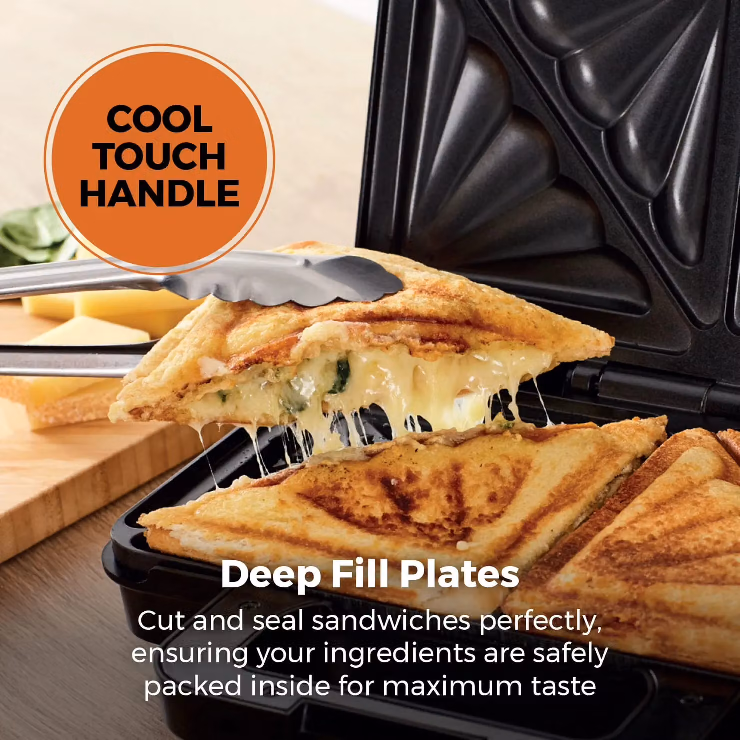 Tower T27031 Deep Filled Sandwich Maker with Non-Stick Ceramic Plates, 900W, Silver – 6