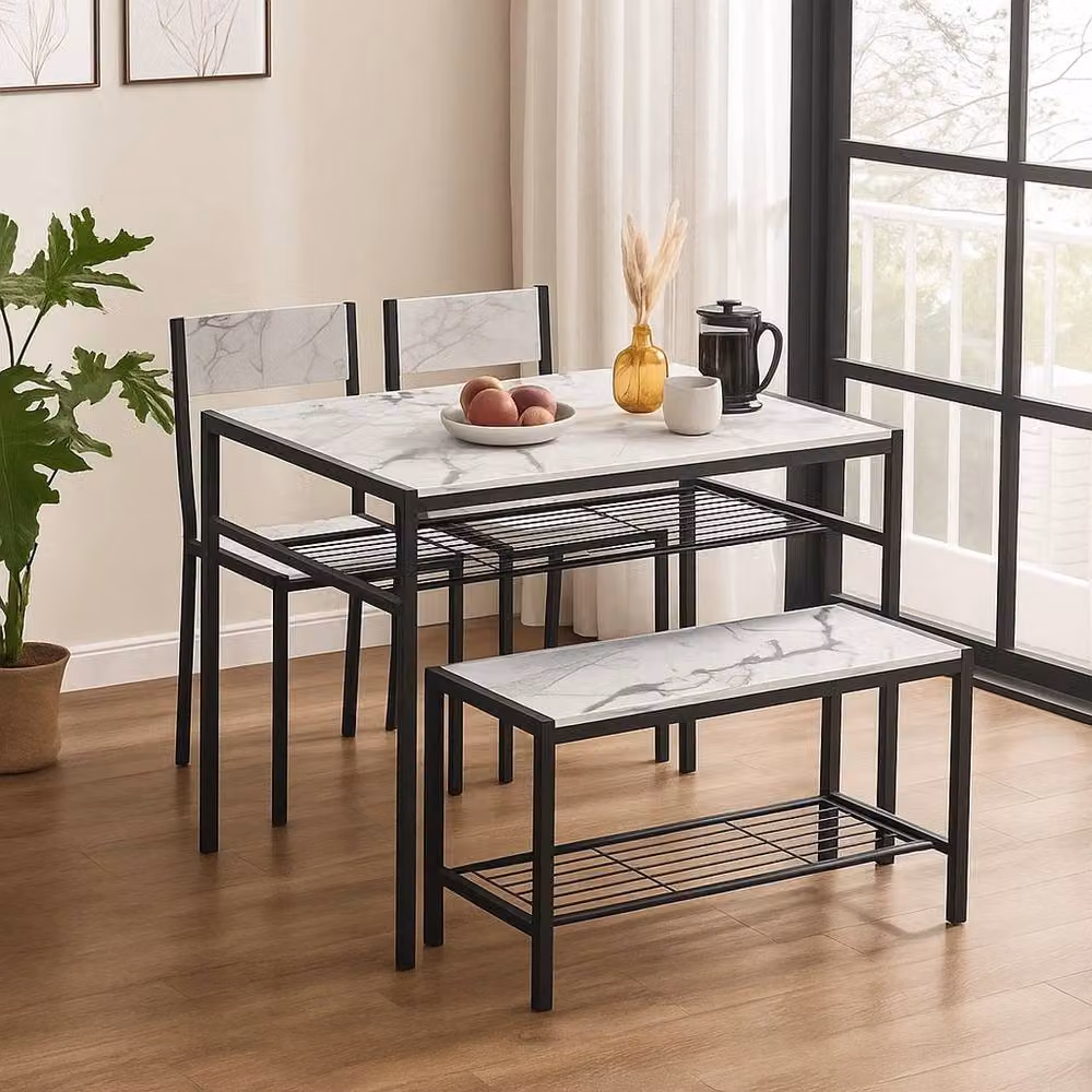 EONLION 4 Piece Modern Dining Set with Marble Top and White Metal Frame – 3