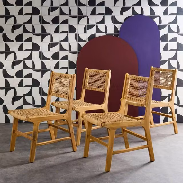 sweeek Set of 4 Boho Acacia Wood and Cane Garden Chairs in Light Brown, W/D/H: 51 x 61 x 85 cm