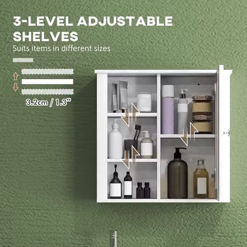 HOMCOM Modern Wall Mounted White Bathroom Cabinet with Internal Shelves and Hinged Doors W/D/H: 53 x 15 x 51 cm – 3