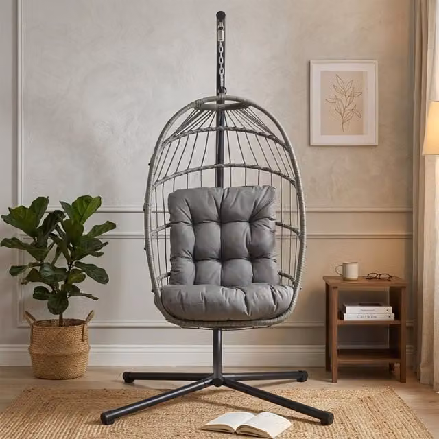 Monster Shop Grey Rattan Hanging Egg Chair with Metal Frame