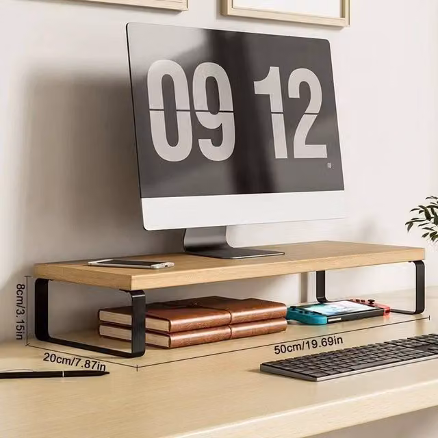 EONLION Black and Natural Wood Desktop Monitor Stand Screen Riser Shelf, Width: 100 cm