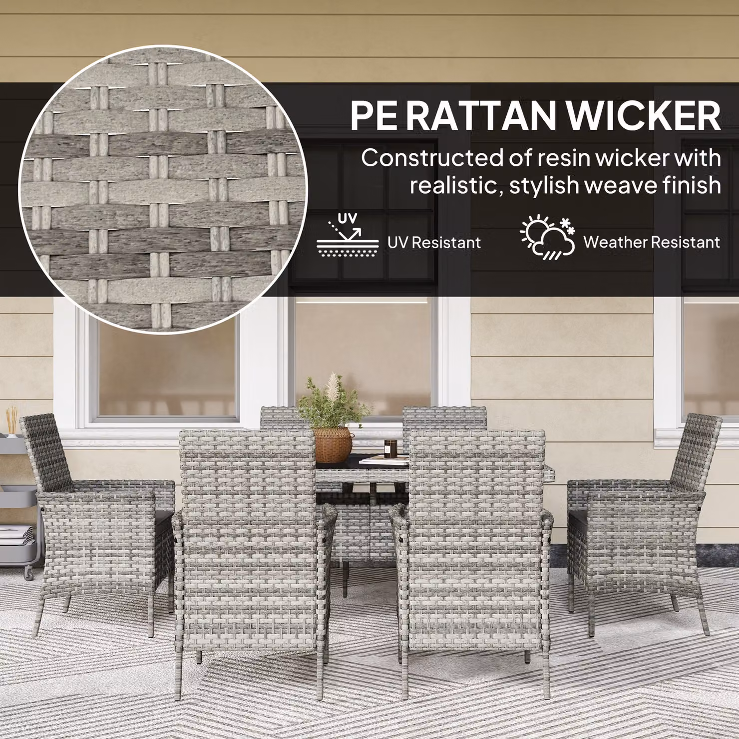 Outsunny 6 Seater Rattan Garden Furniture Set in Mixed-Grey with Rectangular Tempered Glass Table and Armchairs – 5
