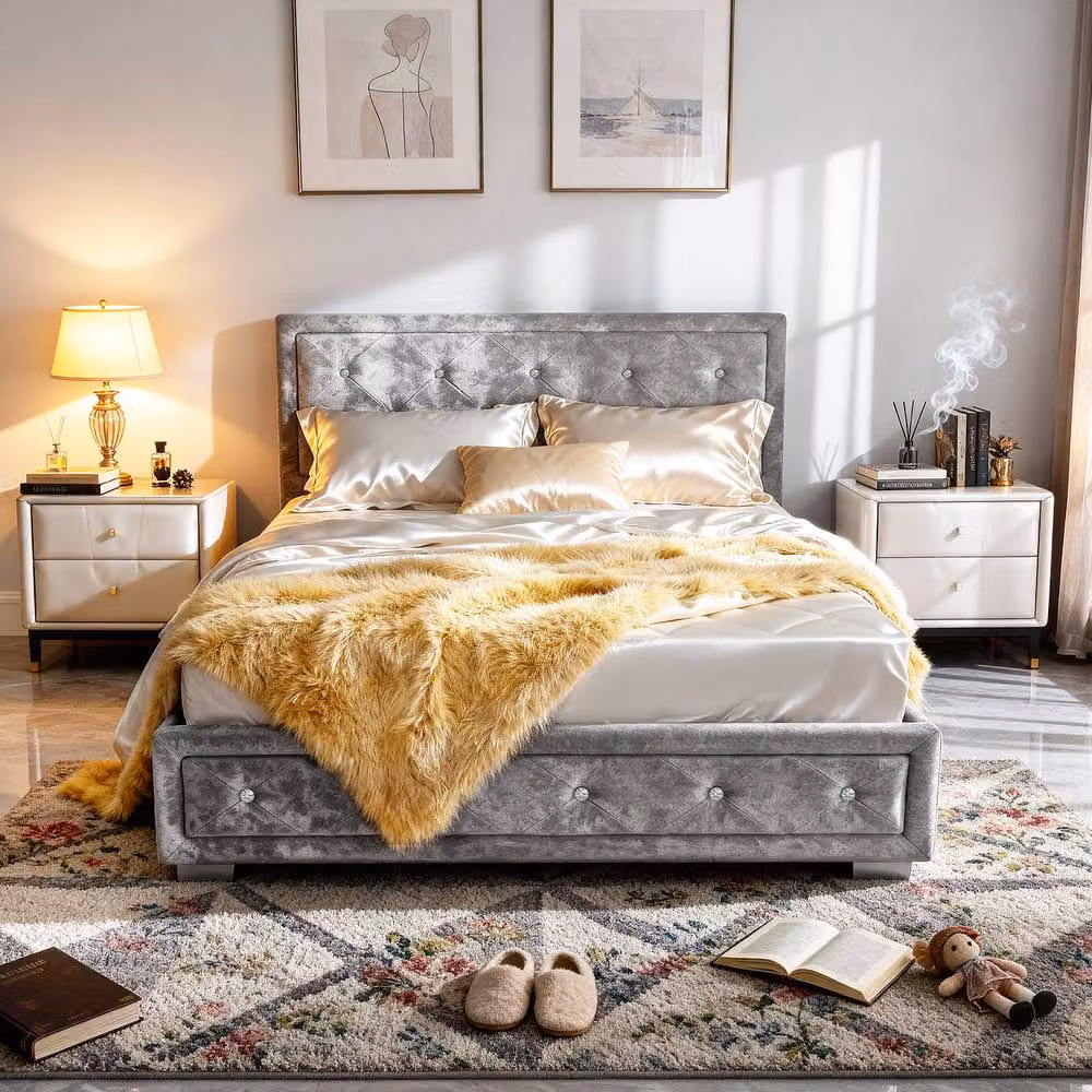 Comfy Living Ltd Silver Crushed Velvet Fabric Bedframe with Lift Up Base, W/D/H: 90 x 200 cm – 2