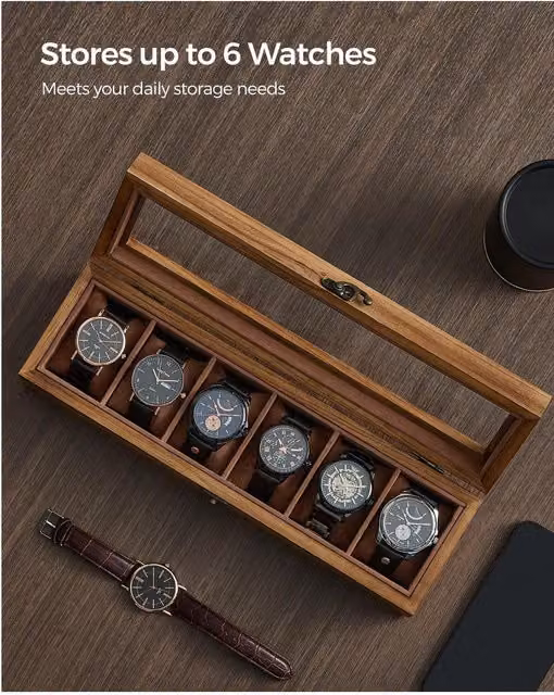SONGMICS Brown Wood Watch Box with 6 Slots and Glass Lid