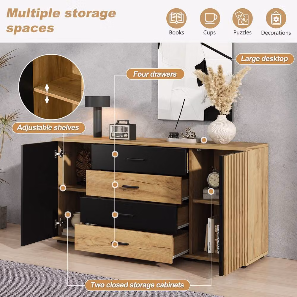 Merax Modern Oak and Black Slatted Sideboard with 2 Doors, 4 Drawers and Adjustable Shelves – 3