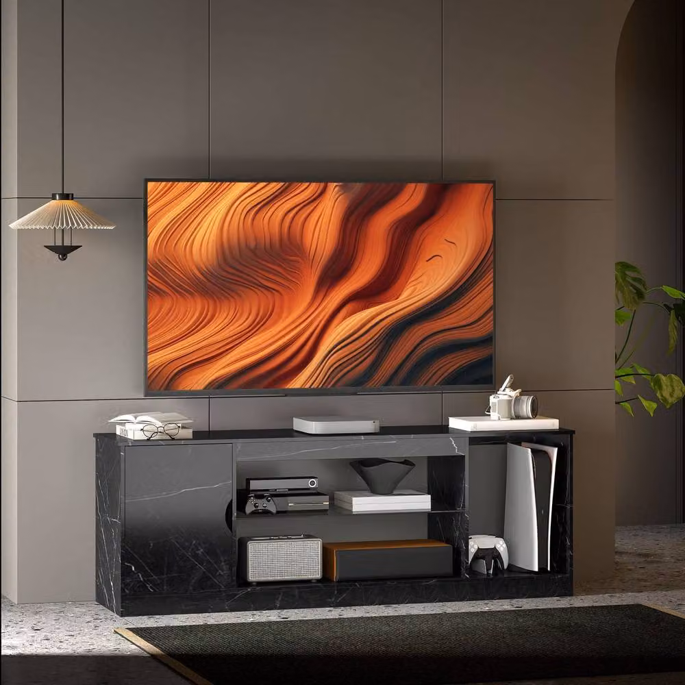 Wyld Haus Avadell Black Marble Effect TV Unit with Glass Shelf, W: 148 cm, D: 52.6 cm, H: 35 cm – 3