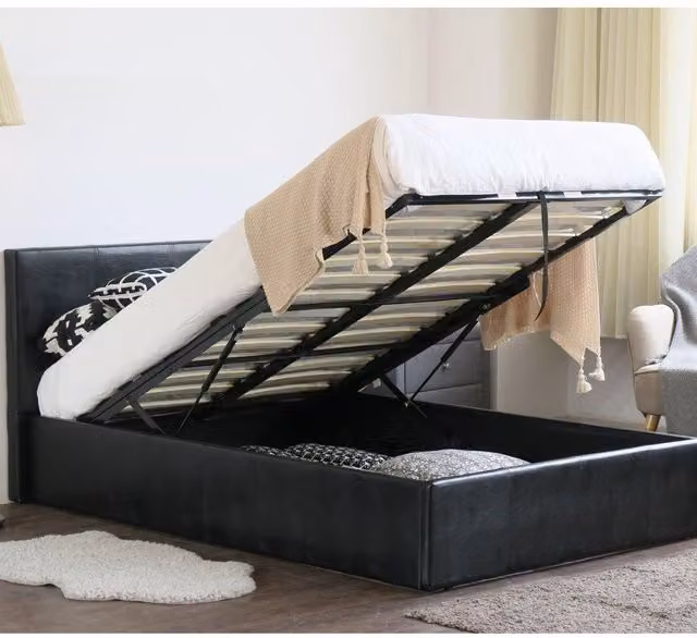 Modernique Ottoman Super King Storage Bed in Black Faux Leather with Gas Lift Base W/D/H: 180 x 200 x 89 cm