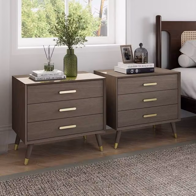 Melody Maison Oslo Pair of Large 3 Drawer Bedside Tables in Brown Wood with Gold Accents