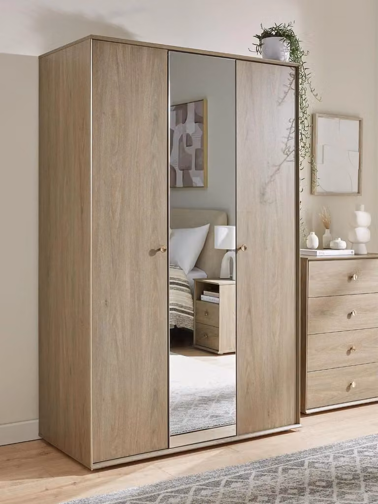 Bennett 3 Door Mirrored Wardrobe in Brown with Internal Shelves and Hanging Rod, H 188.2 x W 117.5 x D 57.5 cm