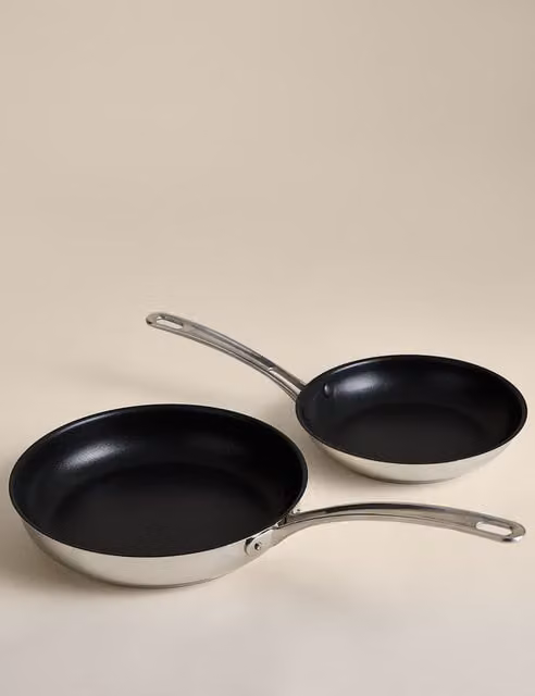 M&S 2 Piece Stainless Steel Frying Pan Set, Silver, Stackable and Dishwasher Safe